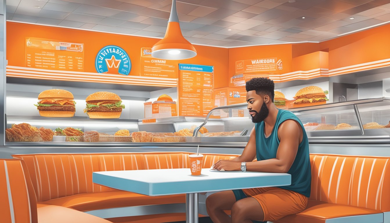 A customer browsing a colorful menu at a Whataburger in Las Vegas, with the iconic orange and white decor in the background