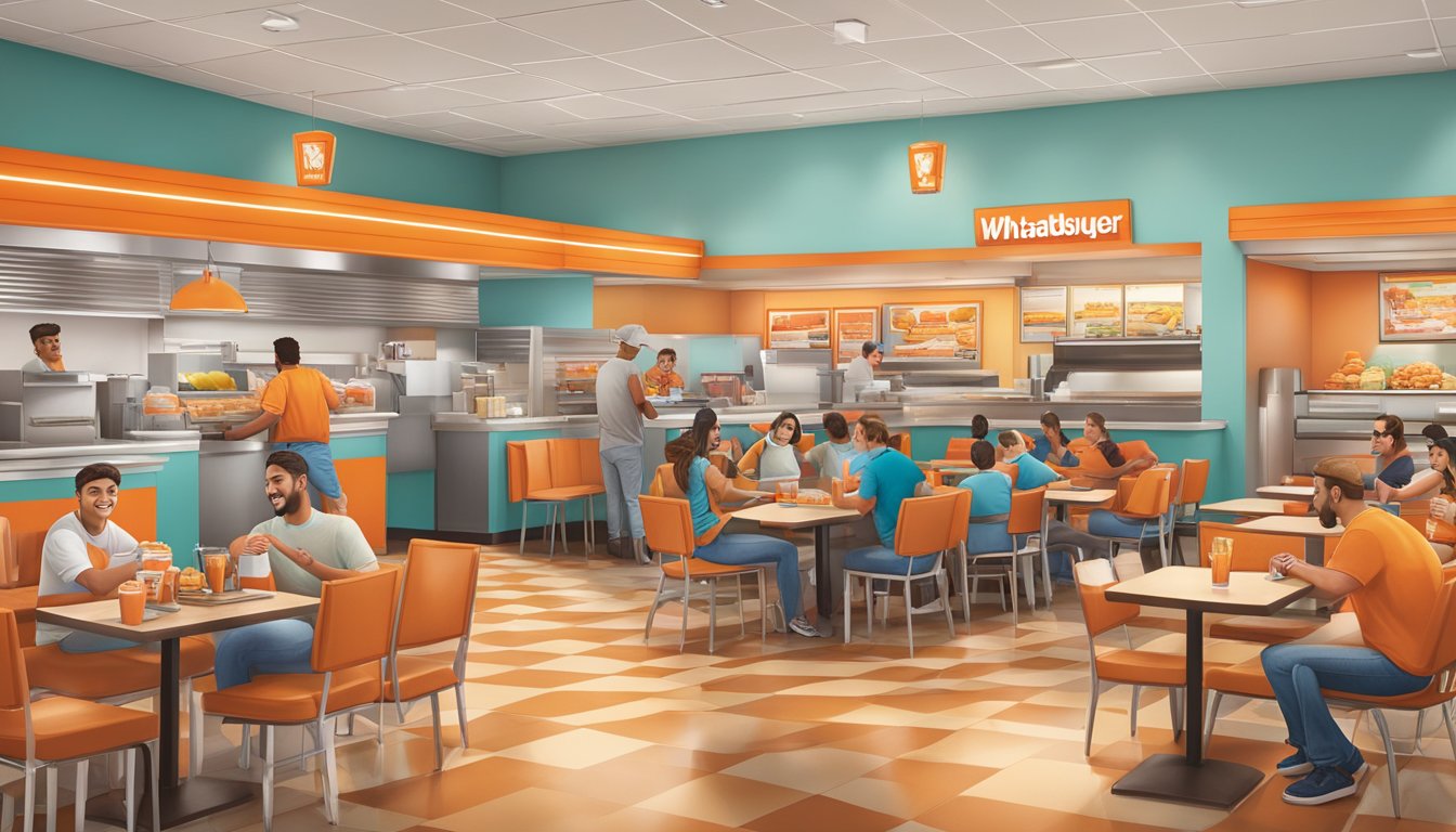 A bustling Whataburger restaurant in Harlingen, filled with happy customers enjoying their meals and engaging with friendly staff