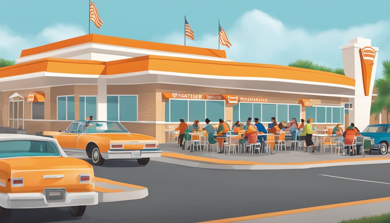 A bustling Whataburger restaurant in Harlingen, with colorful decor and customers enjoying their meals at the tables