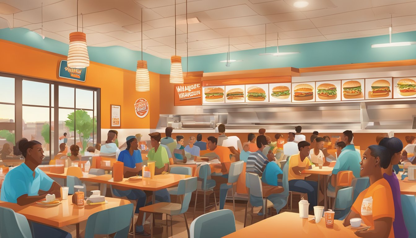 A bustling Whataburger restaurant in Phoenix, with colorful decor and a busy dining area filled with customers enjoying their meals