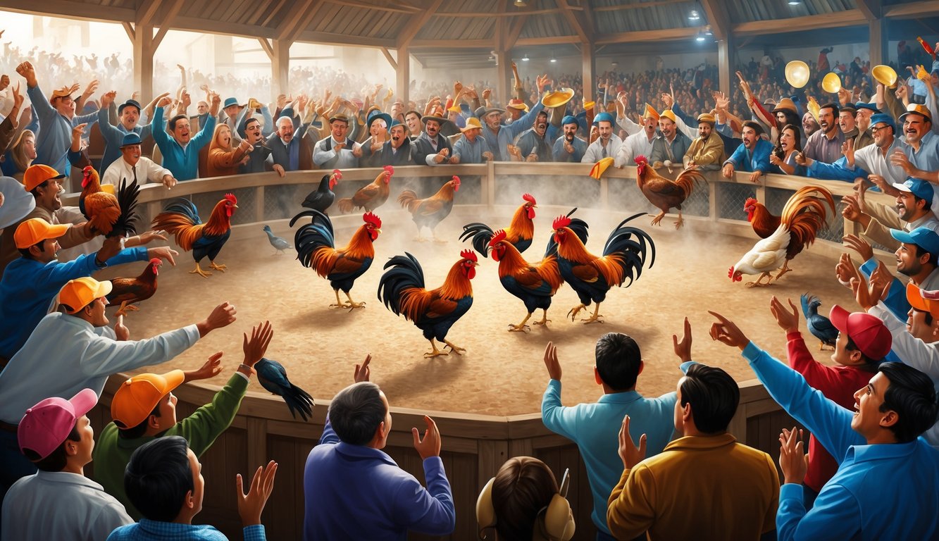 Sebuah arena yang ramai dan hidup dengan ayam jantan yang terlibat dalam pertarungan ayam yang sengit, dikelilingi oleh penonton yang antusias mendukung burung pilihan mereka.