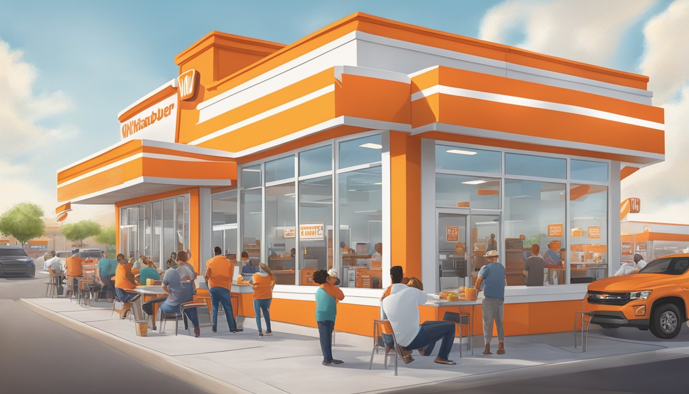 A bustling Whataburger in Harlingen, with a drive-thru line and customers dining inside, surrounded by the iconic orange and white branding