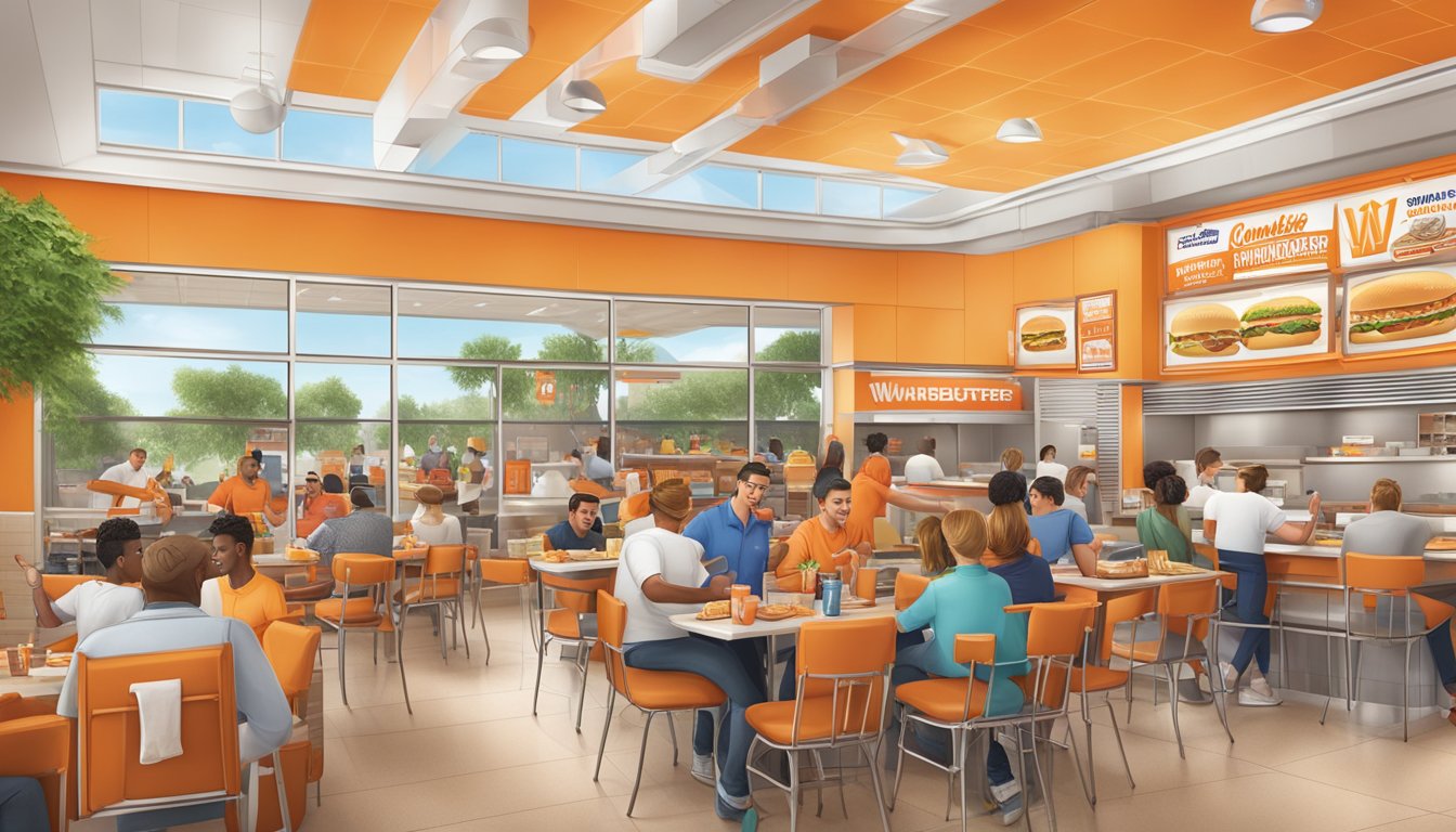 A bustling Whataburger restaurant in Harlingen with customers enjoying meals and staff engaging in promotional activities