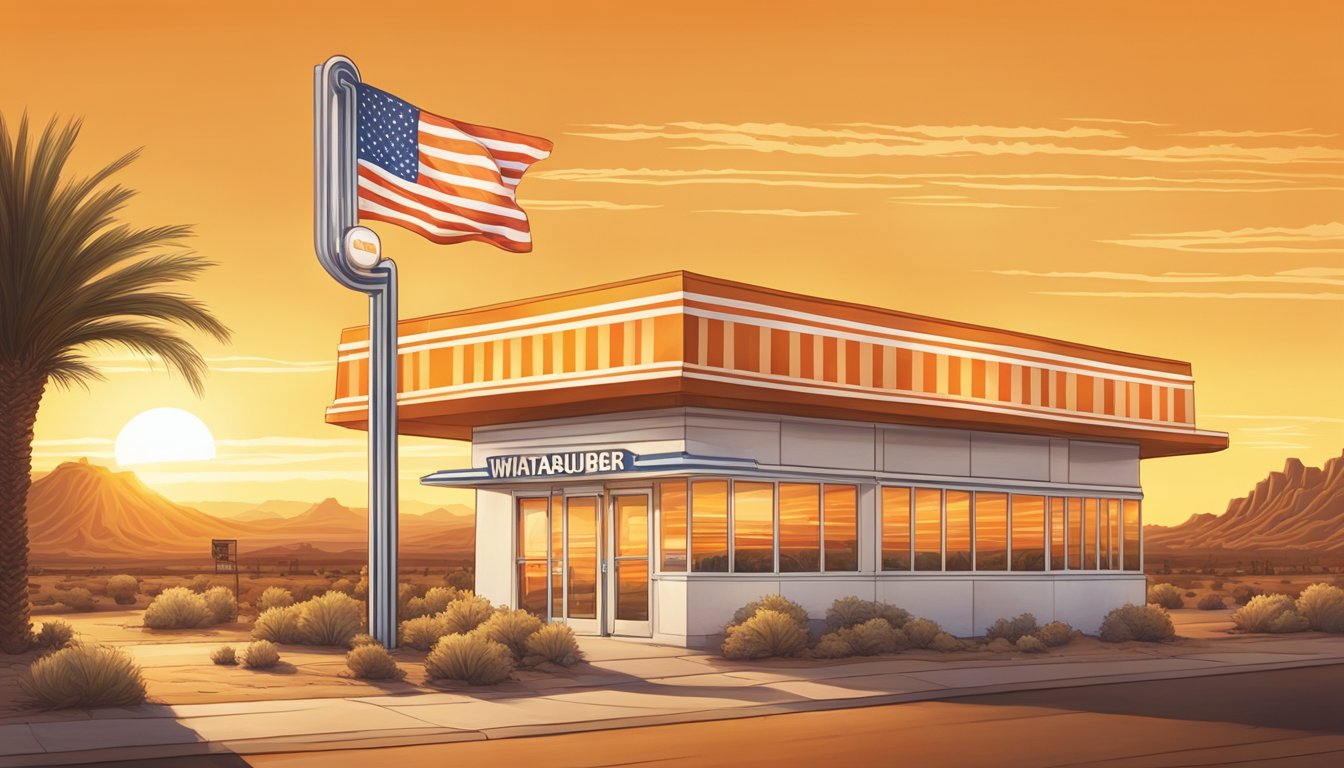 The iconic orange and white striped Whataburger building stands proudly against the desert backdrop of Phoenix, with the sun setting behind it casting a warm glow