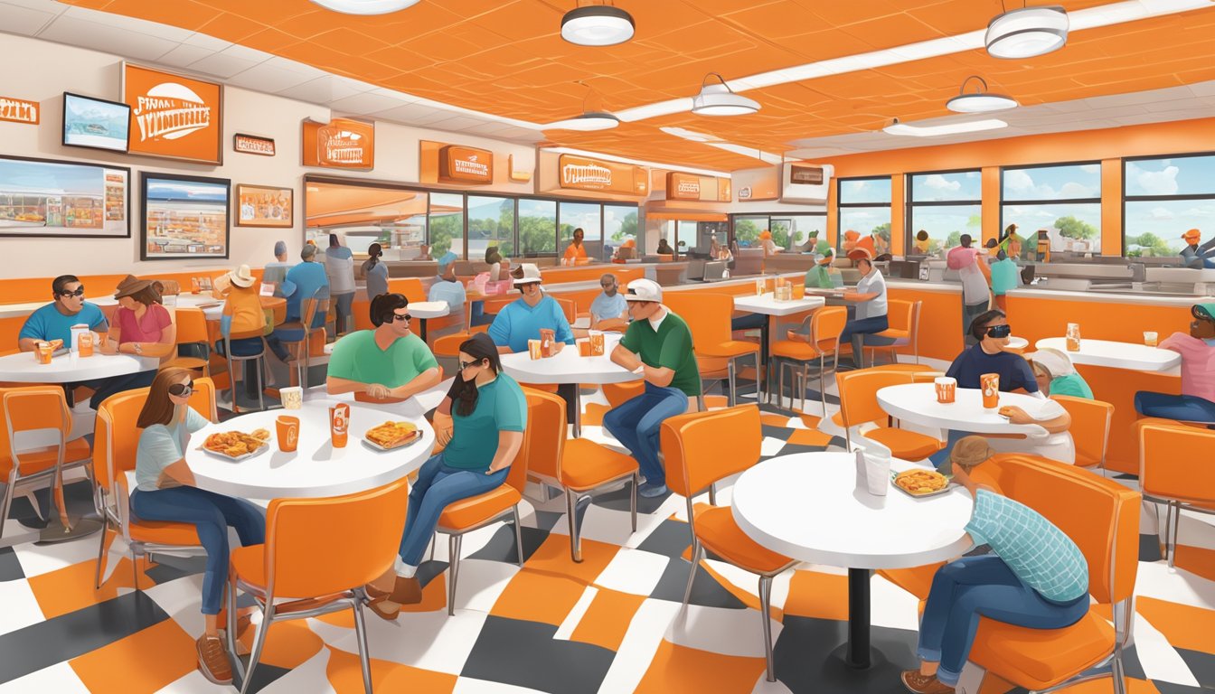 A crowded Whataburger restaurant in Harlingen, Texas, with customers enjoying their meals and chatting at tables. The iconic orange and white decor is prominent throughout the space