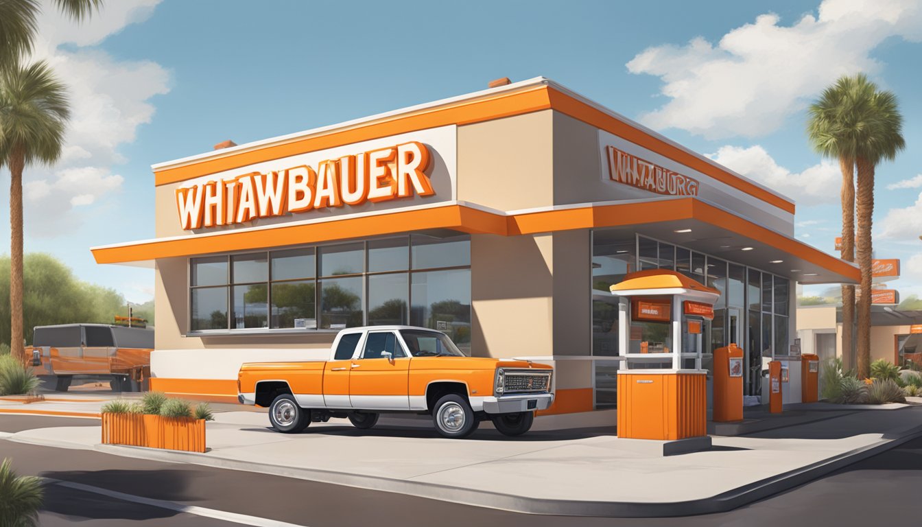 A Whataburger restaurant in Phoenix, with a drive-thru, outdoor seating, and a prominent sign visible from the street