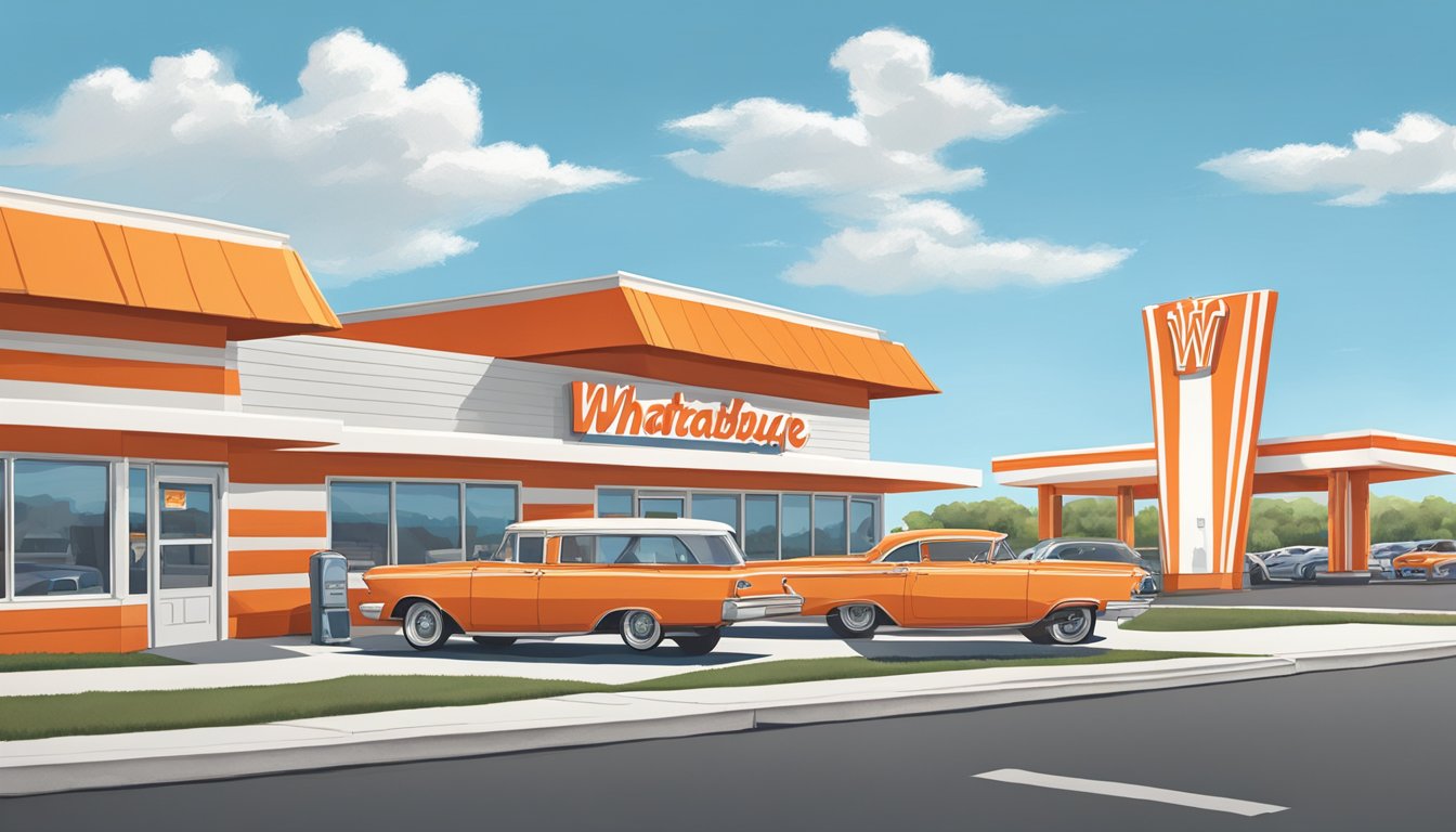 The iconic orange and white striped building of a Whataburger restaurant stands against a clear blue sky, with cars lined up at the drive-thru window