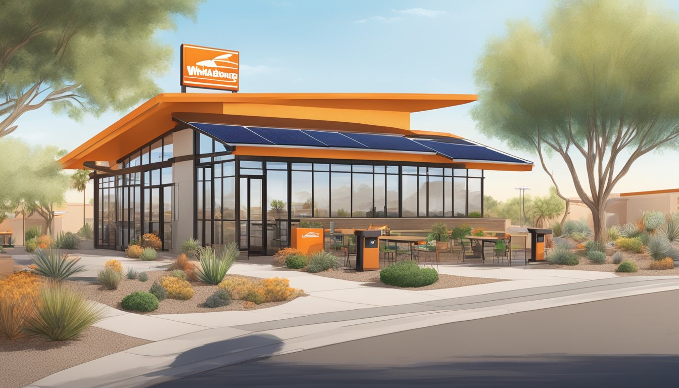 A Whataburger restaurant in Phoenix with solar panels, recycling bins, and native desert plants in the landscaping