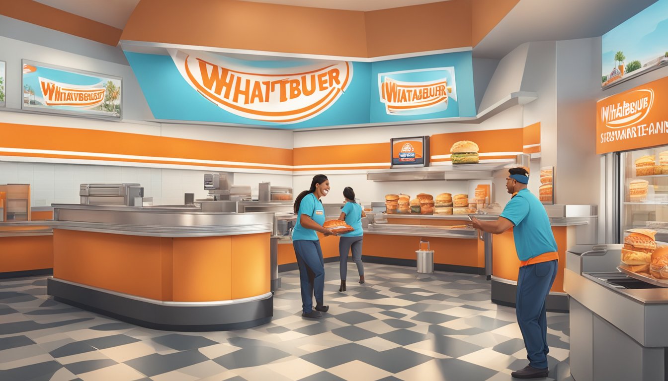 A Whataburger employee helping a customer with a smile, surrounded by a clean and welcoming environment