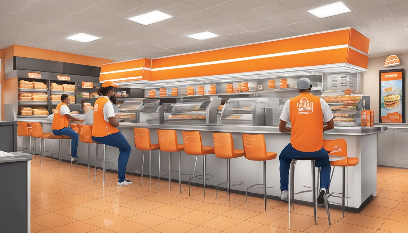 A Whataburger restaurant with branded merchandise on display, with staff assisting customers at the counter