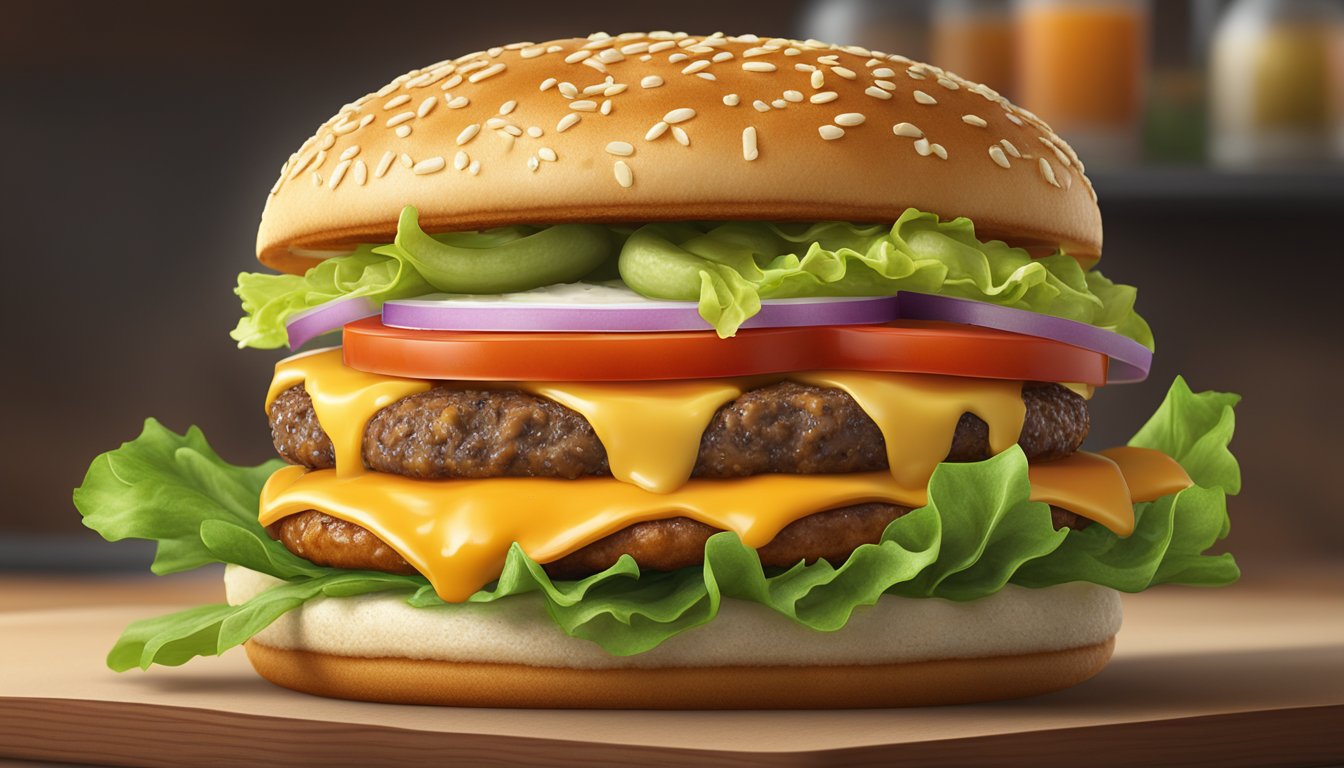 A sizzling Whataburger patty topped with melted cheese, crisp lettuce, juicy tomato, and tangy pickles, all nestled in a fluffy sesame seed bun