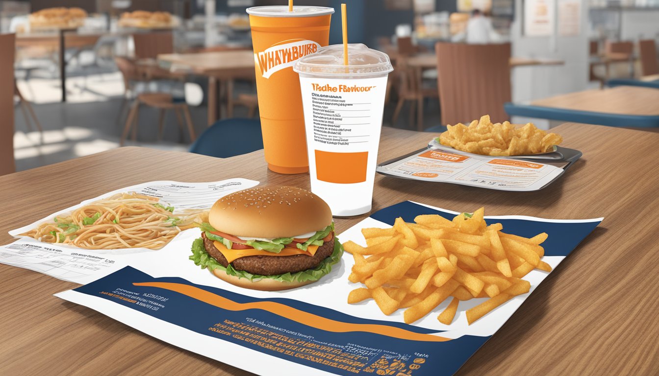 A table with a Whataburger menu and a nutritional information pamphlet in a Kannapolis, NC restaurant