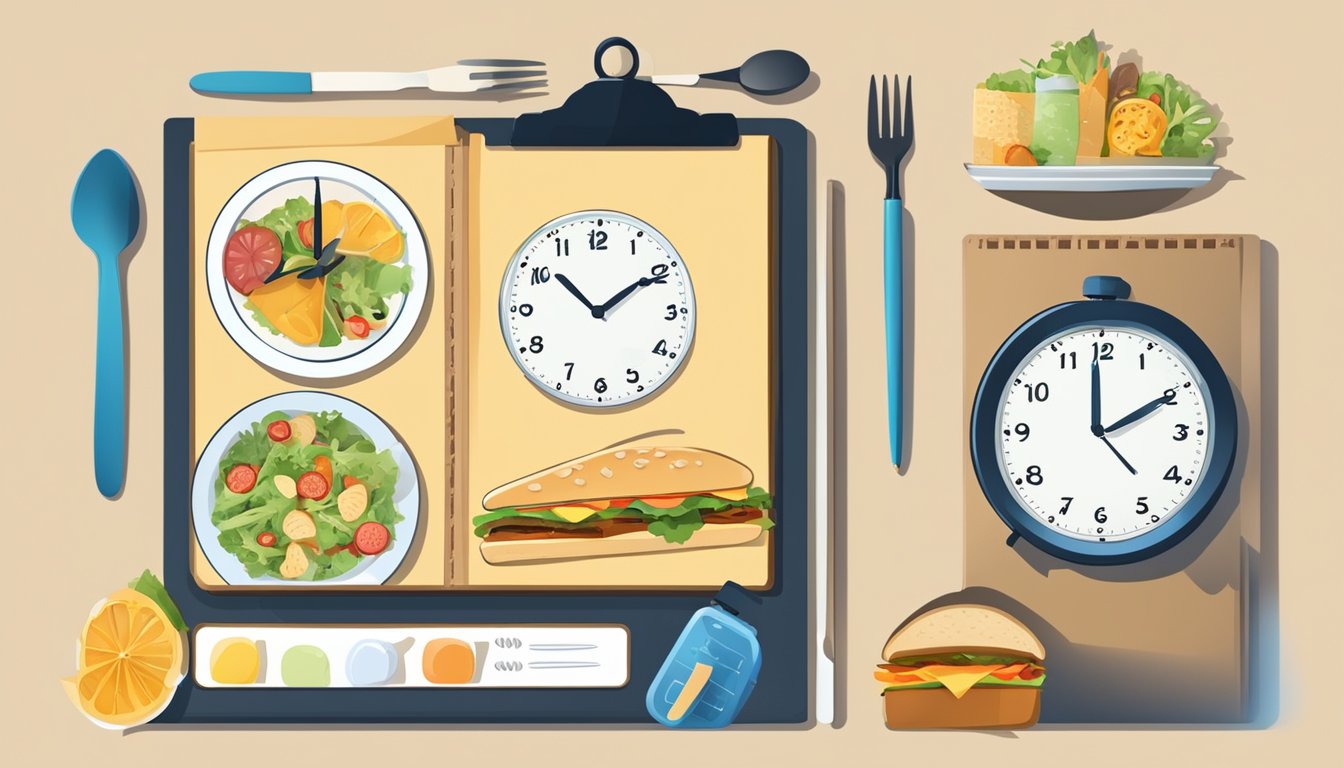 A clock showing the time changing from morning to afternoon, with lunch items displayed on a menu board