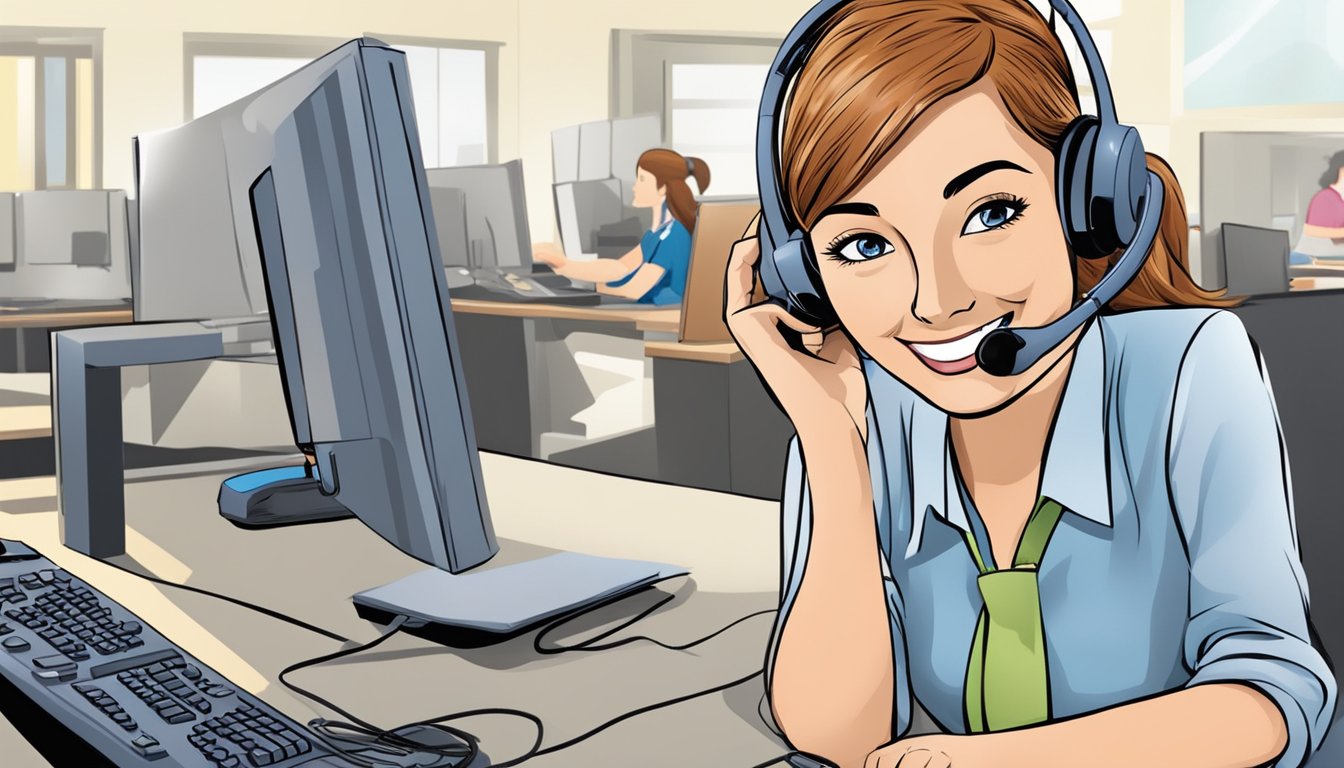 A customer service representative assisting a customer over the phone with a smile