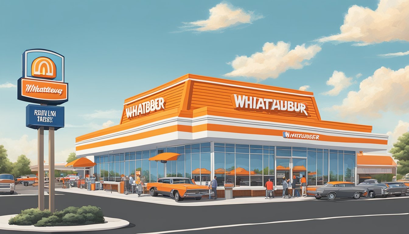 A bustling Whataburger restaurant in Kannapolis, NC, with cars in the drive-thru, people dining inside, and the iconic orange and white building standing out against the blue sky