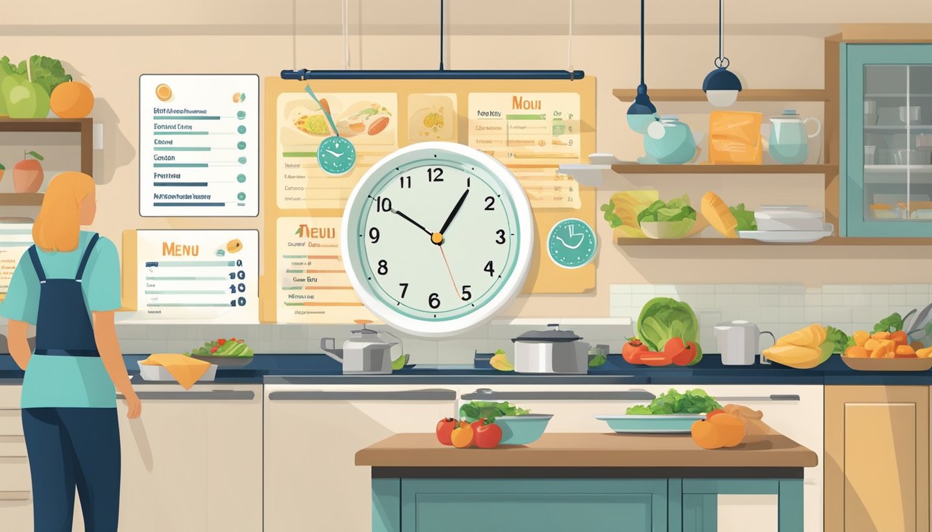 A clock showing noon with a menu featuring nutritional information and dietary considerations, alongside lunch items being prepared in a kitchen