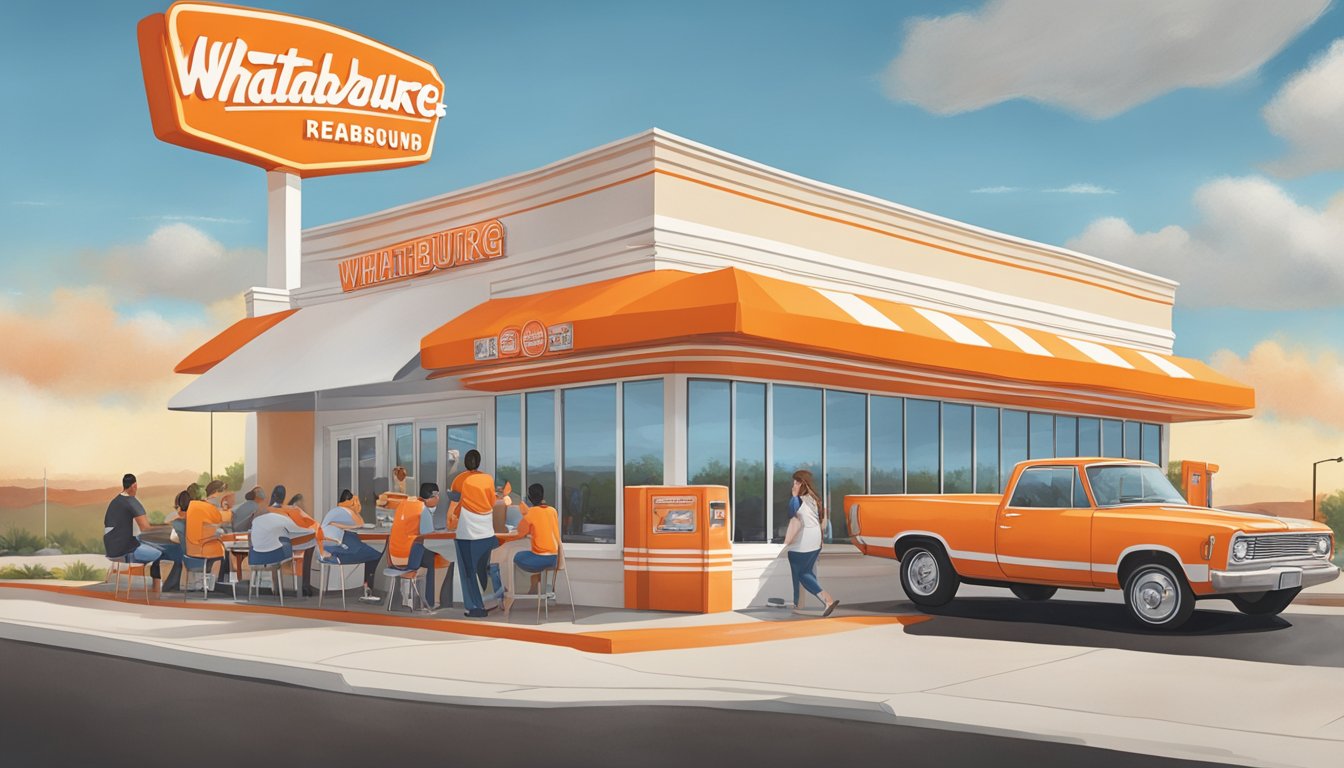 A bustling Whataburger restaurant in Oklahoma City, with iconic orange and white stripes, and a steady stream of customers at the drive-thru