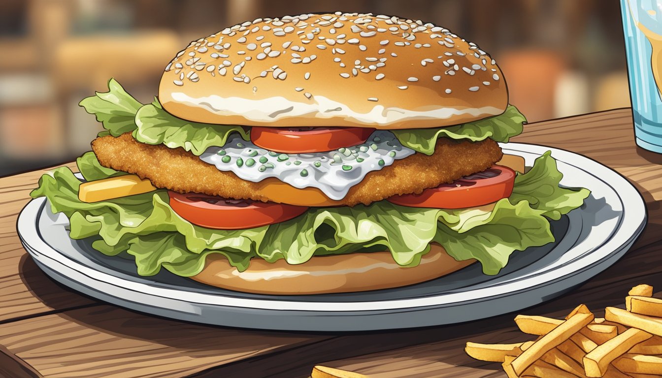 A golden-brown fish fillet topped with lettuce, tomato, and tartar sauce on a sesame seed bun, surrounded by a pile of crispy fries and a cold drink