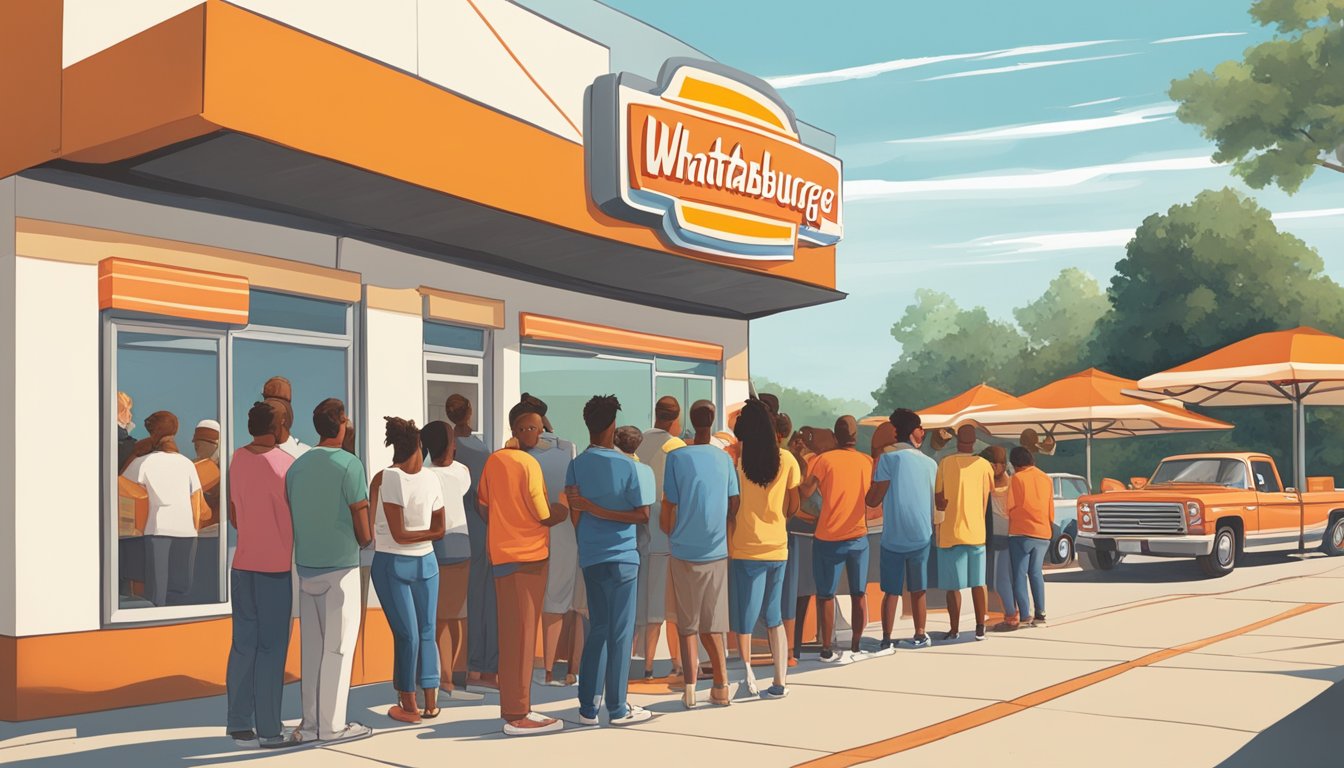 Customers line up outside a Whataburger restaurant as the clock strikes 11 AM. The sun is high in the sky, and the smell of sizzling burgers fills the air