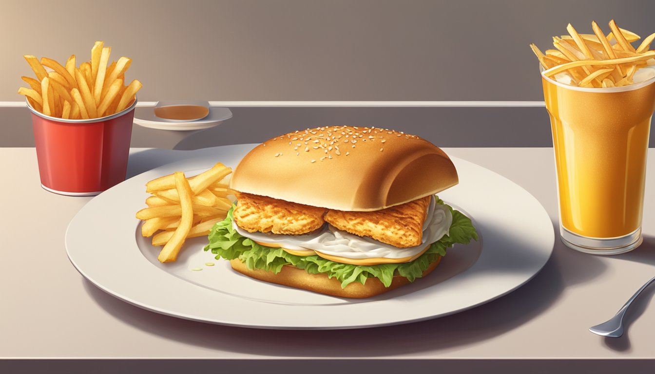 A golden fish sandwich sits on a red tray, surrounded by crispy fries and a cold drink, all on a clean table