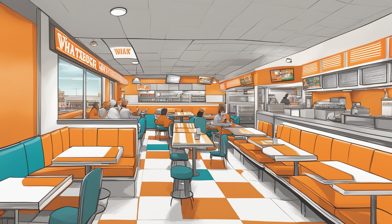 A bustling Whataburger restaurant in OKC, with colorful booths and tables, a busy counter, and the iconic orange and white striped decor