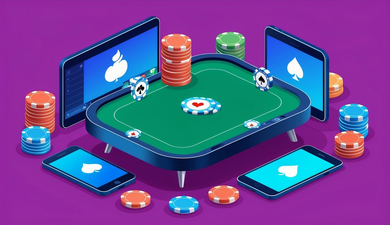 Sebuah meja poker online yang hidup dikelilingi oleh perangkat digital dan tumpukan chip poker