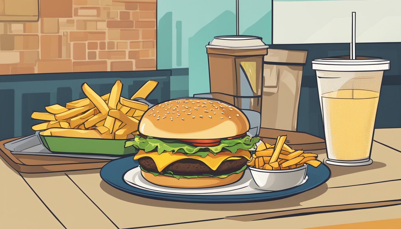 A clock showing midday, a burger and fries on a tray, and a lunch menu displayed on a counter