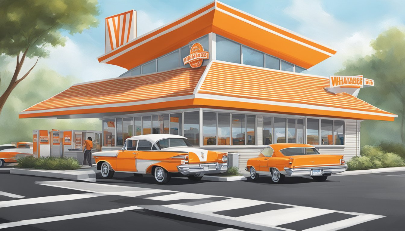 A bustling Whataburger restaurant with iconic orange and white striped A-frame architecture, a drive-thru lane, and a large outdoor sign