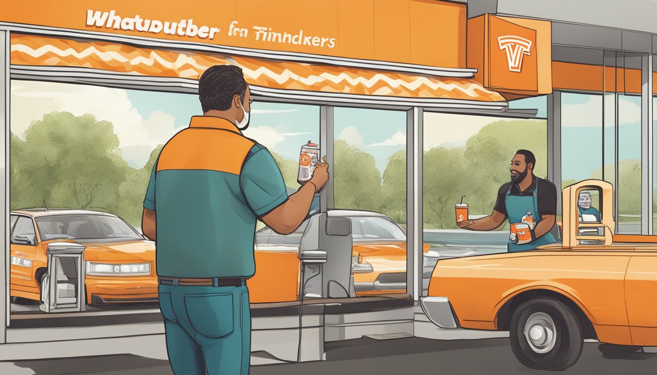 A customer at a drive-thru window receiving a Whataburger fish sandwich and a drink from an employee