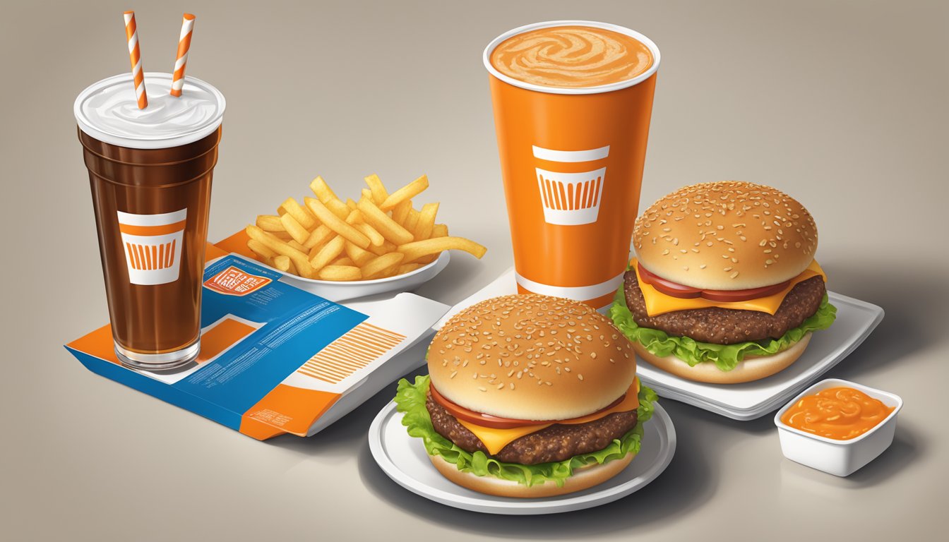 A table set with a Whataburger meal, including a burger, fries, and a drink, with nutritional information displayed on the packaging