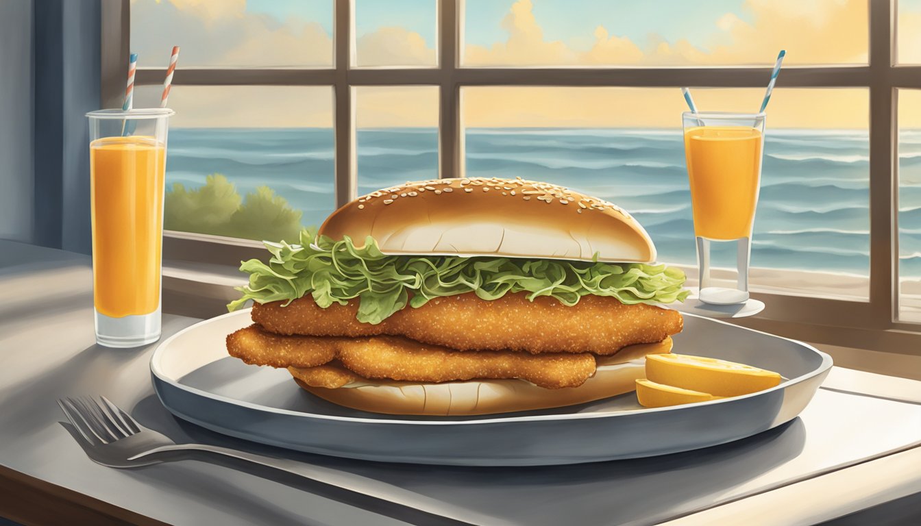 A Whataburger fish sandwich on a tray at a table by a window