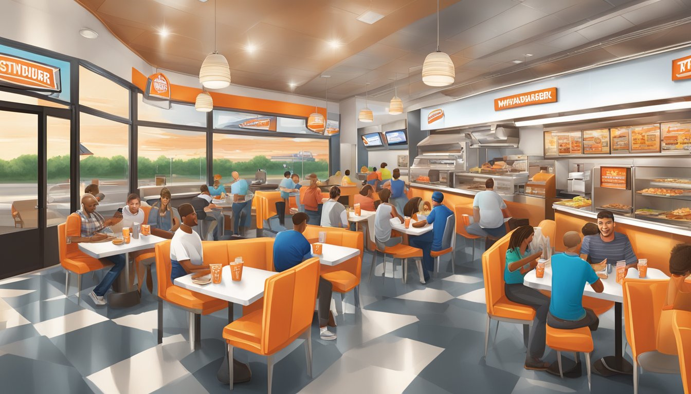 A bustling Whataburger restaurant in Oklahoma City, with customers enjoying meals and engaging in various loyalty programs