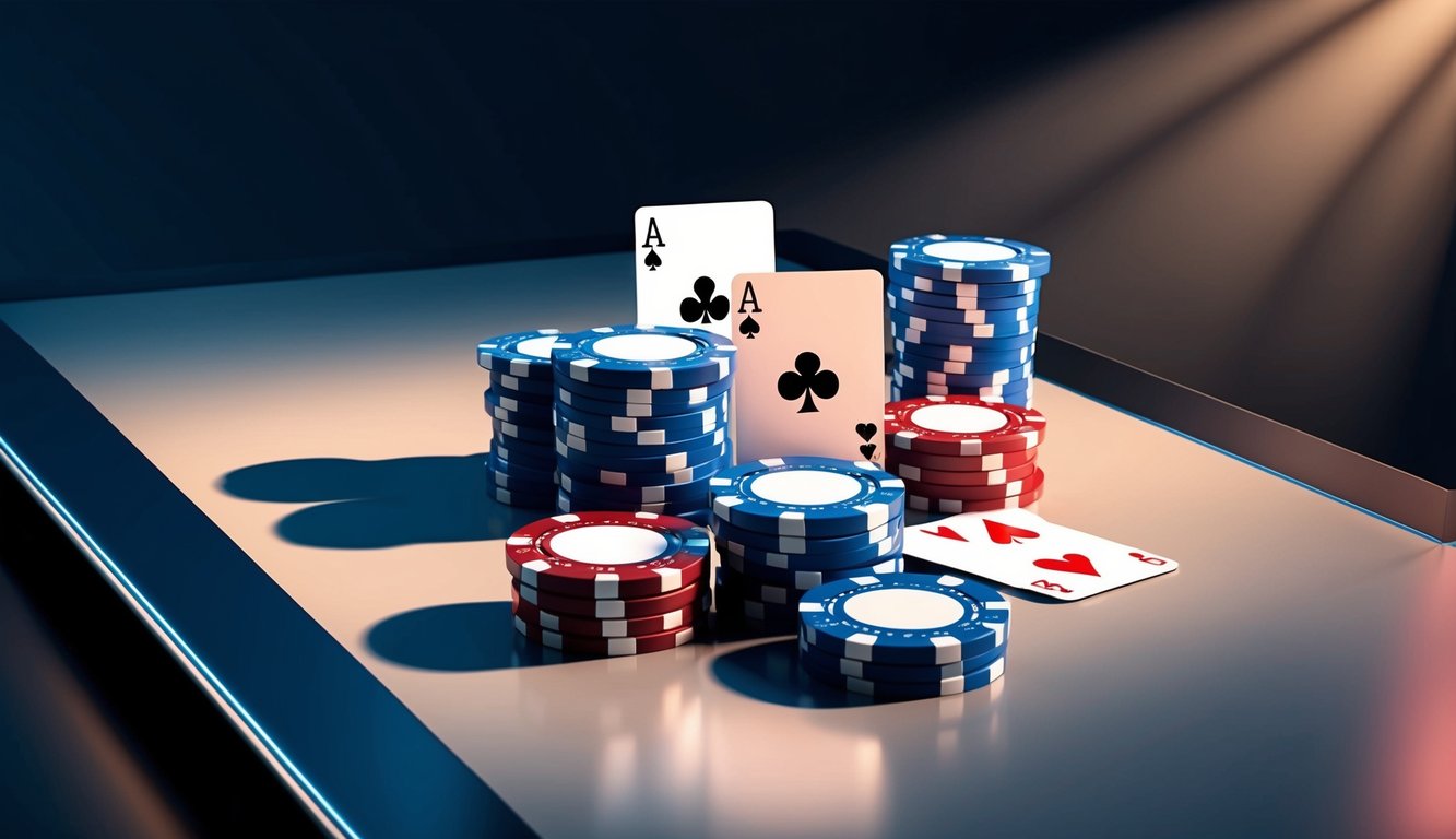 Sekelompok chip poker dan kartu yang disusun di atas meja modern yang ramping dengan pencahayaan dramatis yang menciptakan bayangan