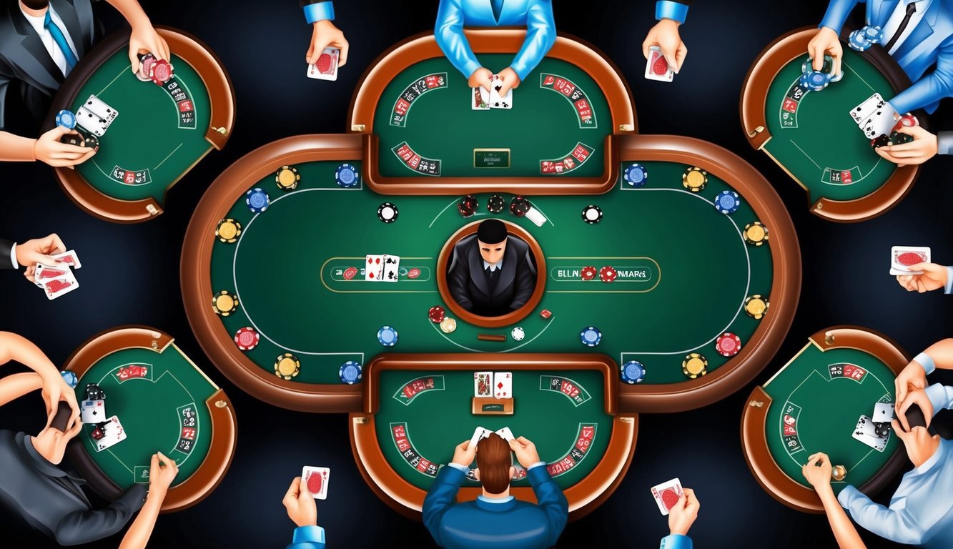 Sekelompok meja poker dikelilingi oleh pemain, chip, dan kartu, dengan seorang dealer yang mengawasi permainan