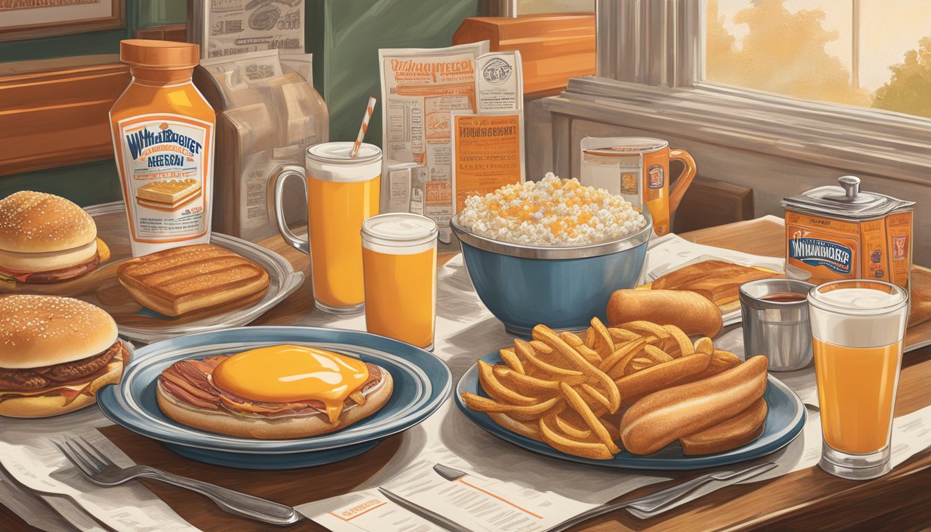 A steaming breakfast menu with iconic Whataburger items displayed on a table, surrounded by vintage advertisements and historical memorabilia