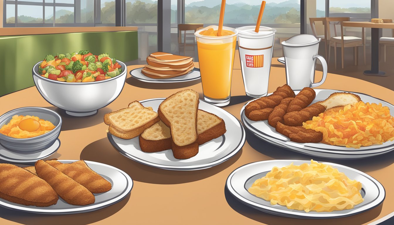 A table set with a variety of breakfast sides and add-ons, including hash browns, fruit, and toast, next to the Whataburger breakfast menu