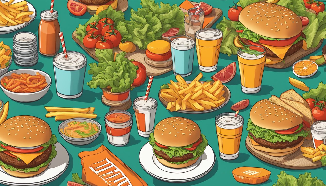 A table with a classic Whataburger meal, including a burger, fries, and a drink, surrounded by colorful illustrations of fresh ingredients like tomatoes, lettuce, and onions