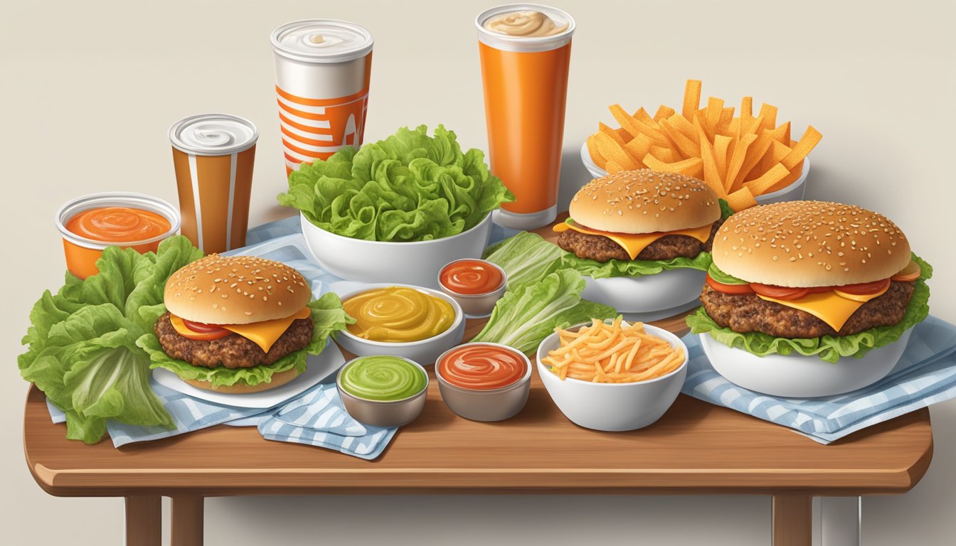 A table set with a Whataburger Jr. surrounded by fresh lettuce, tomatoes, onions, and a variety of condiments