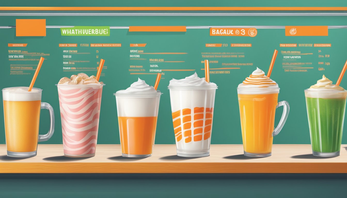 A table displaying various beverage options alongside the Whataburger breakfast menu with corresponding prices