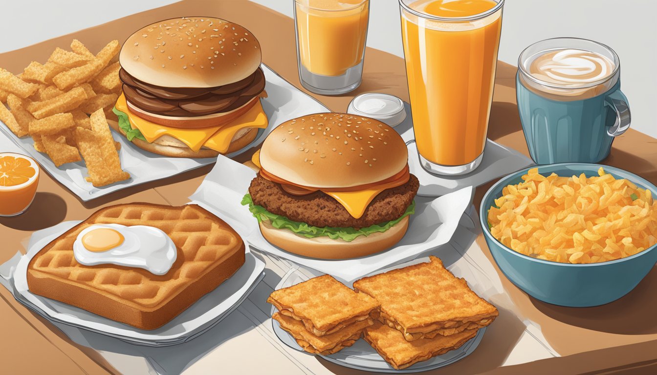 A table with a variety of breakfast items from Whataburger, including sandwiches, hash browns, coffee, and orange juice, with corresponding prices displayed