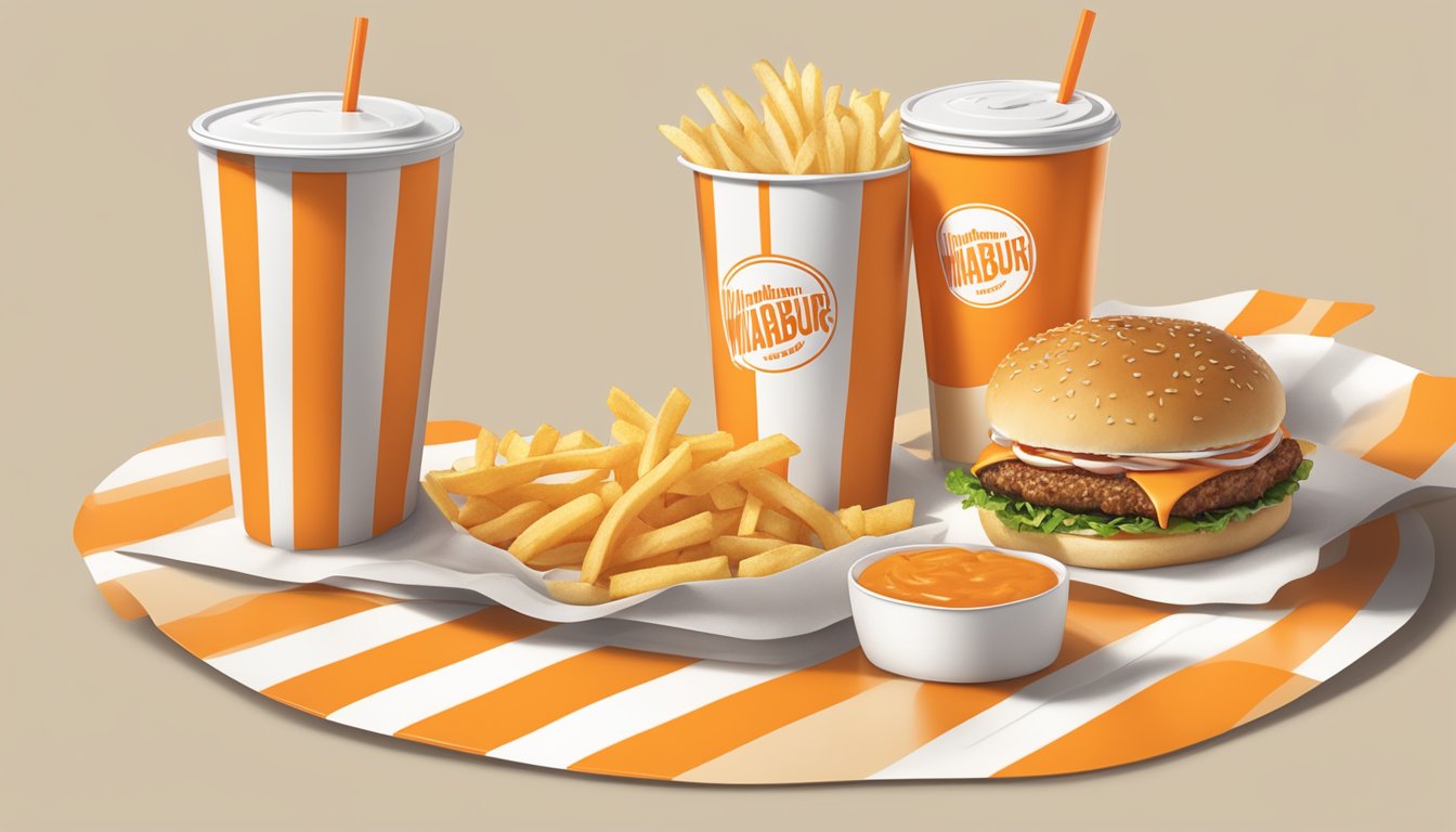 A table set with a Whataburger Jr meal, surrounded by fries and a drink, with the iconic orange and white striped packaging