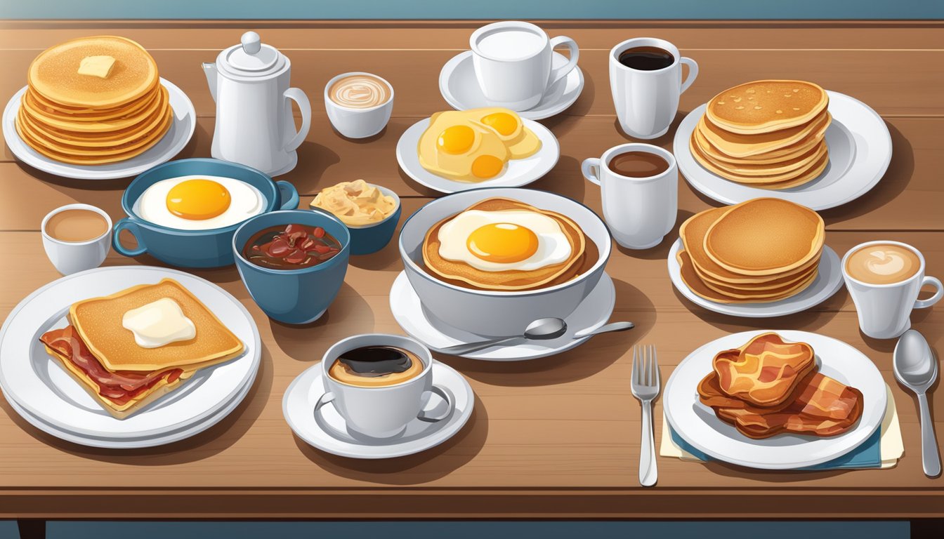 A table set with a variety of breakfast items, including pancakes, eggs, bacon, and coffee, with prices displayed