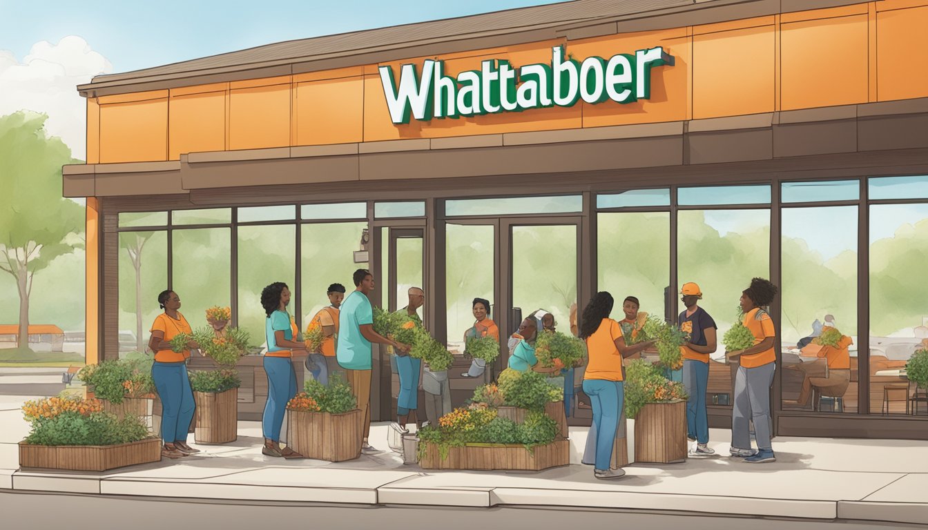 A group of people from the Pensacola community are gathered at a WhatABurger restaurant, participating in a sustainability initiative. They are planting trees and flowers around the building, creating a green and inviting environment