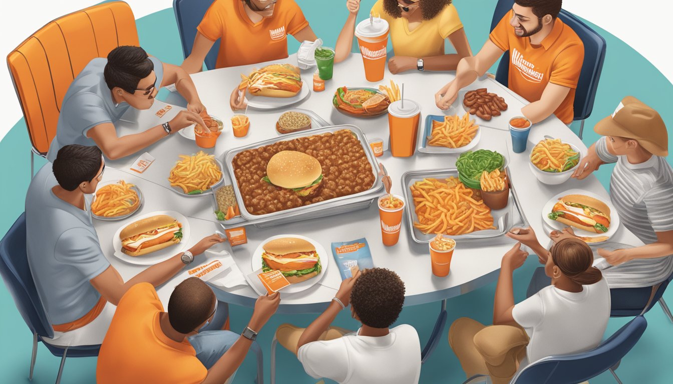 A table with a Whataburger Jr meal surrounded by promotional materials and people sharing the food