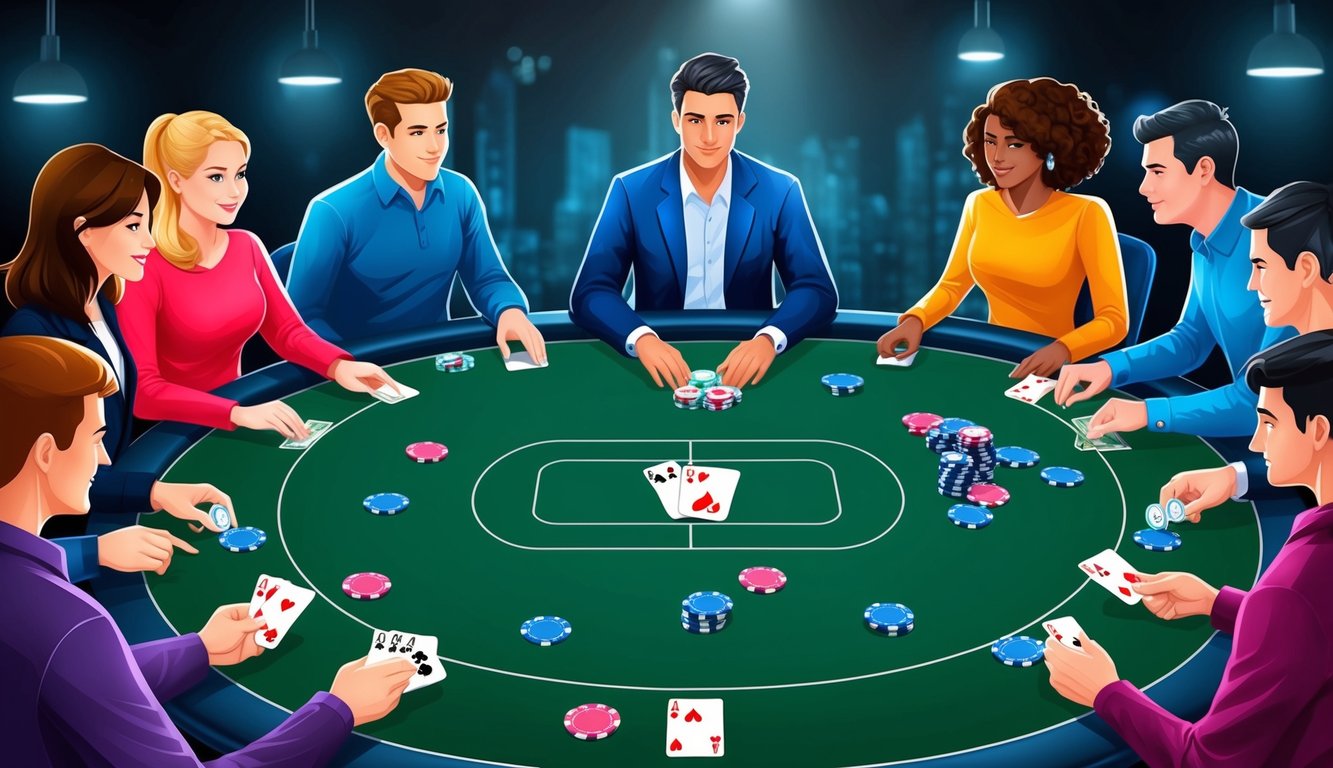 Sekelompok pemain berkumpul di sekitar meja poker virtual, dengan kartu dan chip tersebar di permukaan, saat mereka terlibat dalam permainan poker online yang populer.