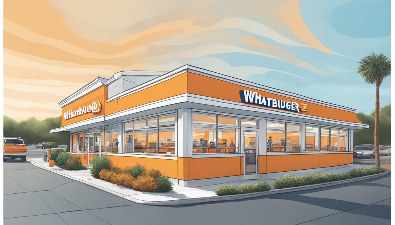 A bustling Whataburger restaurant in Pensacola, with a line of customers at the drive-thru and staff inside preparing orders. The iconic orange and white building stands out against a clear blue sky