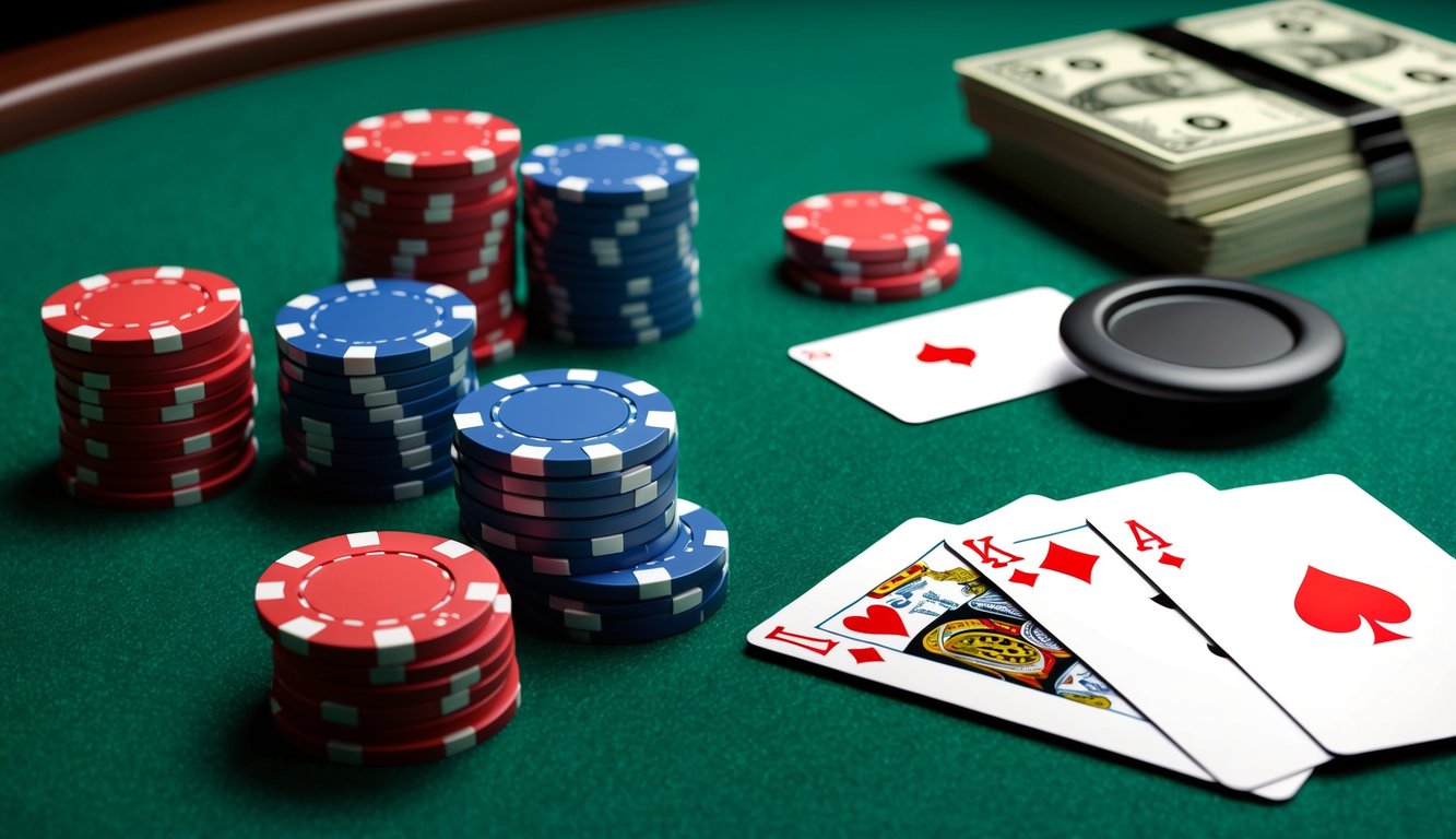 Sekumpulan chip poker dan kartu remi tersebar di atas meja felt hijau, dengan tombol dealer dan tumpukan uang tunai di latar belakang