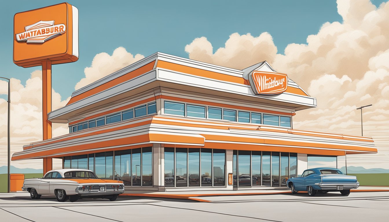 The iconic orange and white striped Whataburger building stands tall against the Texas sky, with a line of cars wrapped around the drive-thru and the smell of sizzling burgers in the air