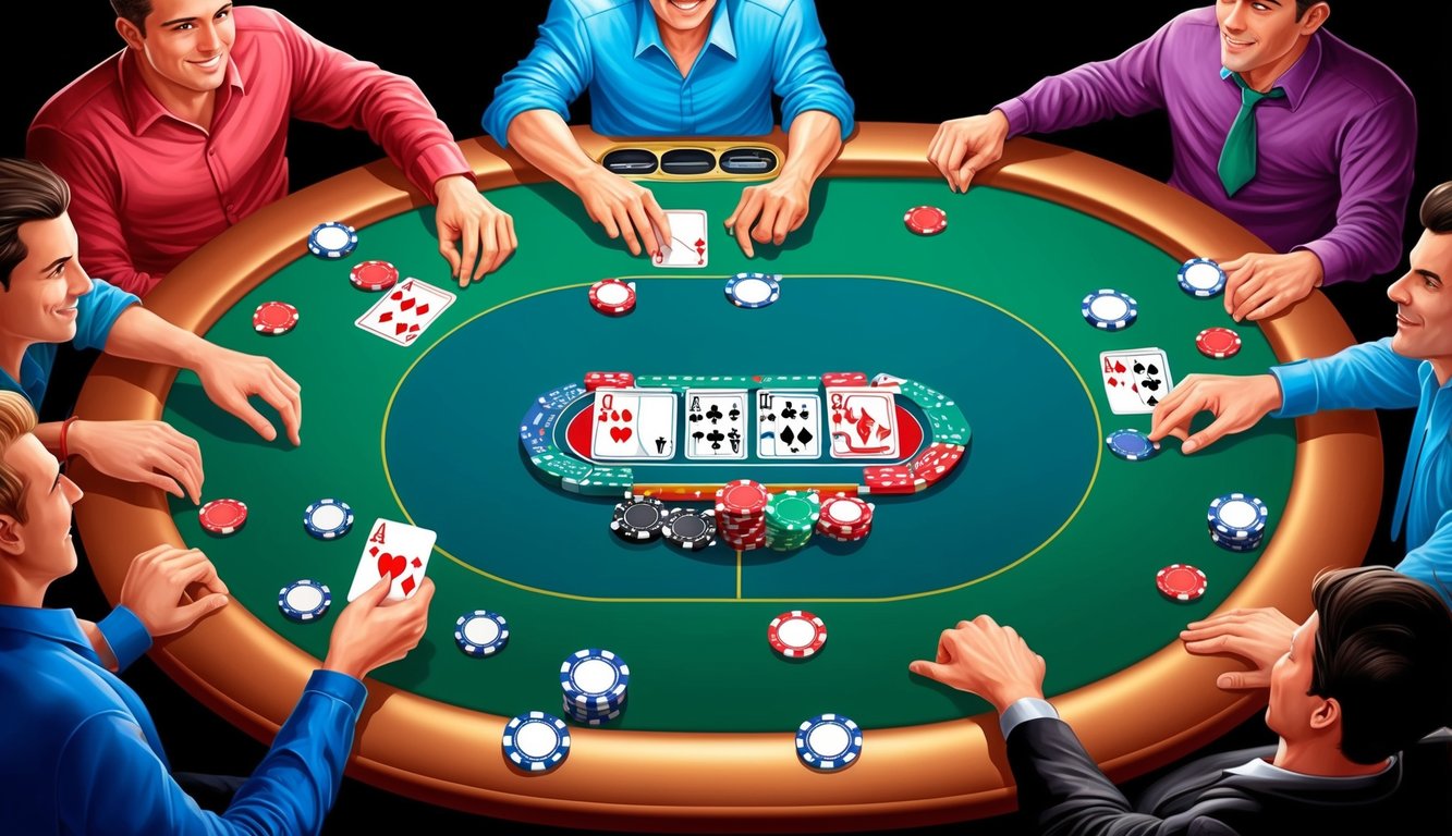 Sebuah meja poker berwarna-warni dengan chip dan kartu, dikelilingi oleh pemain yang antusias