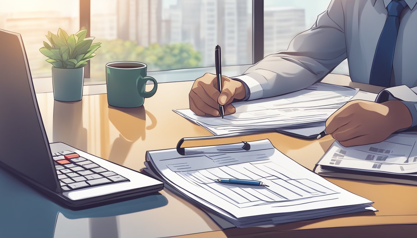 A person signing paperwork with a stack of financial documents on a desk